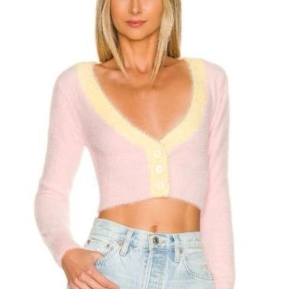 For Love & Lemons Sheila Cropped Cardigan Pink Yellow Fuzzy Knit Size M
